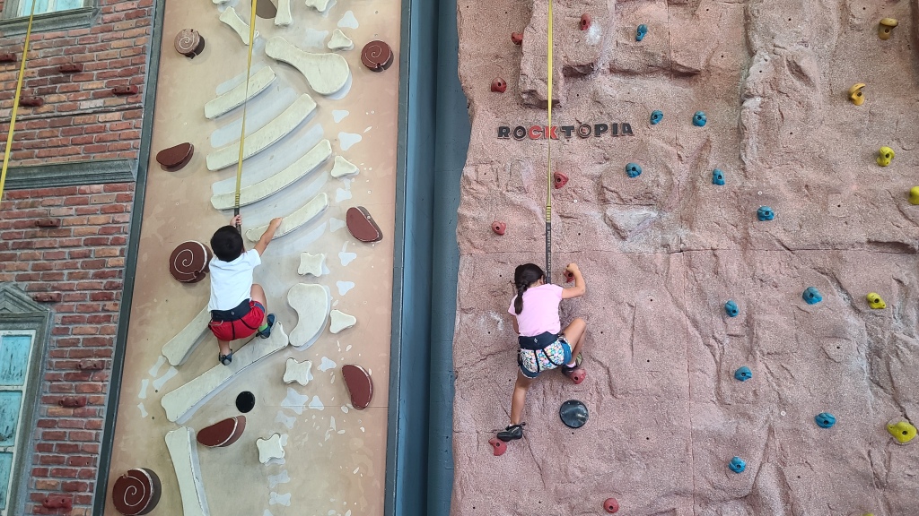 Two children climbing the wall at High Point Climbing in Chattanooga